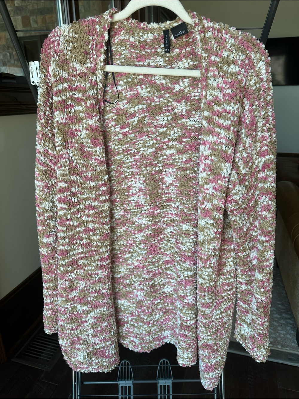 new directions Marled Open-Front Cardigan in Pink, Cream & Tan